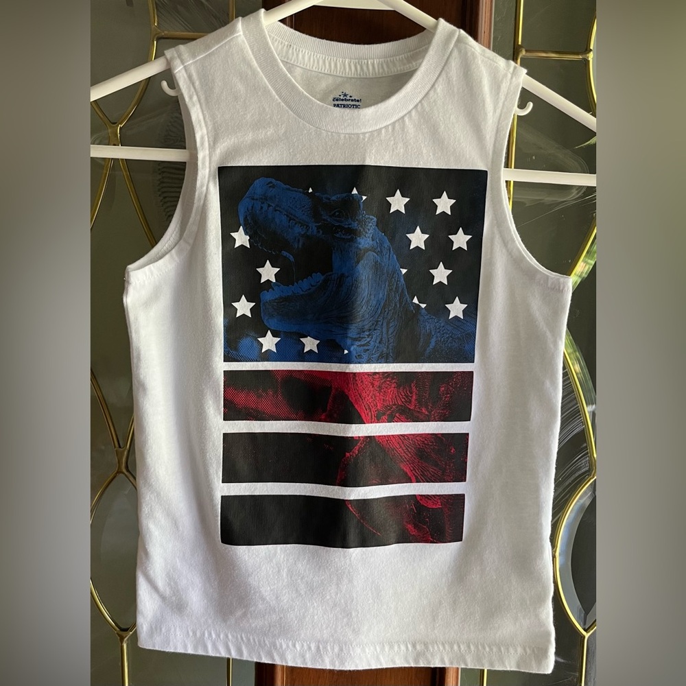 NWOT Celebrate! Patriotic American T-Rex Dinosaur Muscle Tee Tank Top Boys XS
